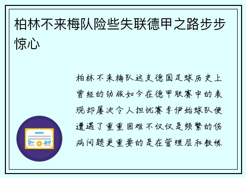 柏林不来梅队险些失联德甲之路步步惊心